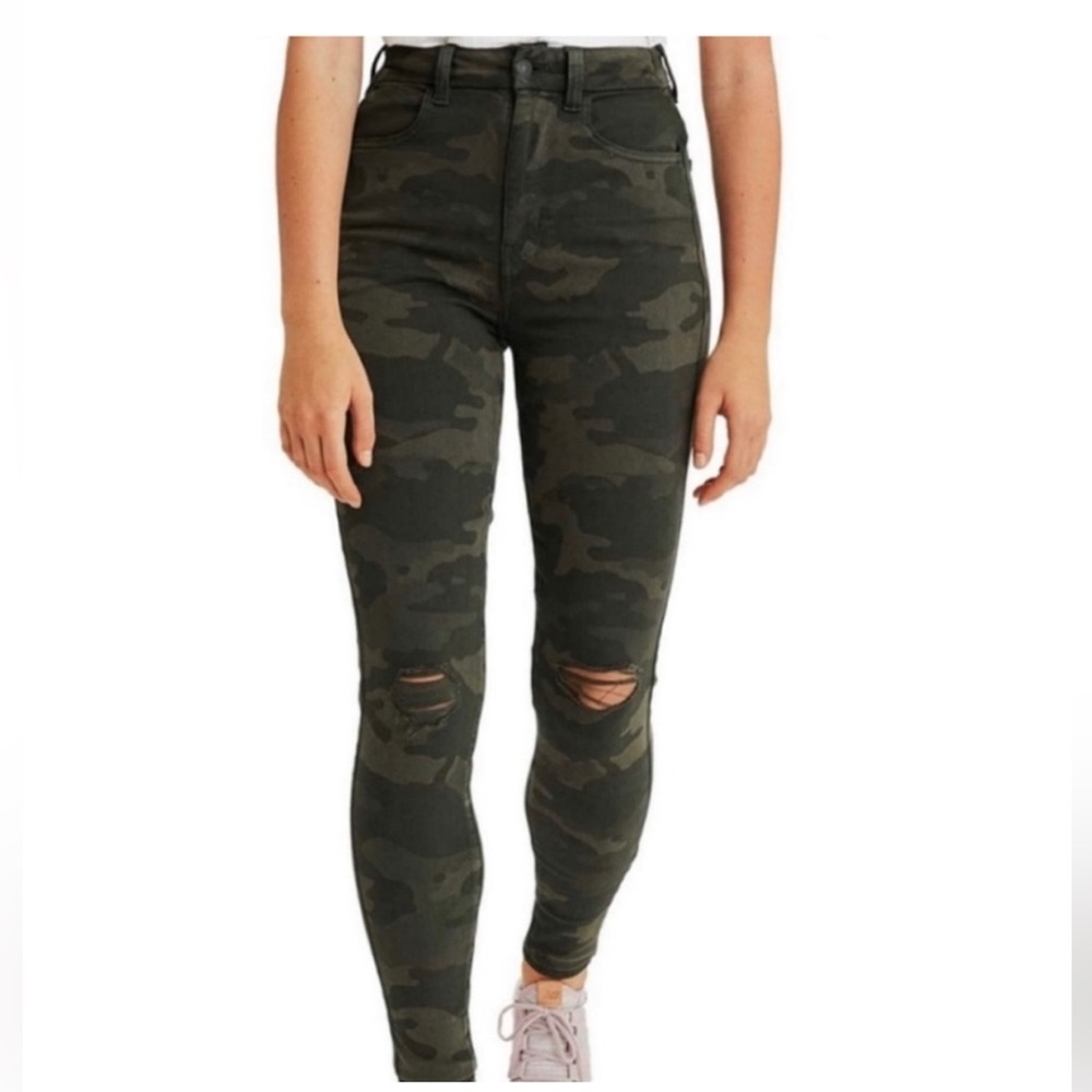 American Eagle Outfitters AEO Camo Green Ripped Stretch High Waisted Jeans